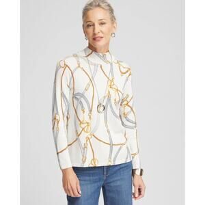 Chico's Shimmer Mockneck Equestrian Chains Belts Pullover Sweater